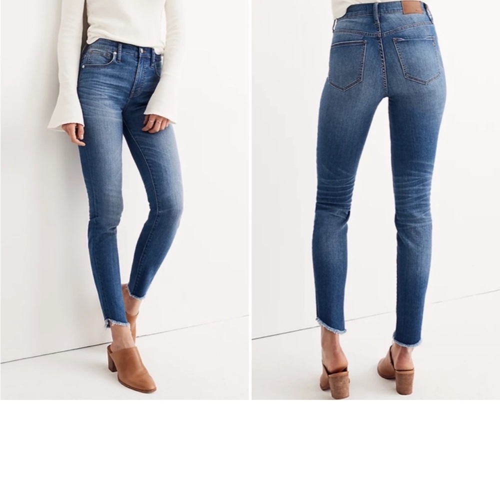 Madewell Medium Wash 10” High Rise Skinny Jeans in Blue w Frayed Hem - Tulip Hem - Picture 2 of 11